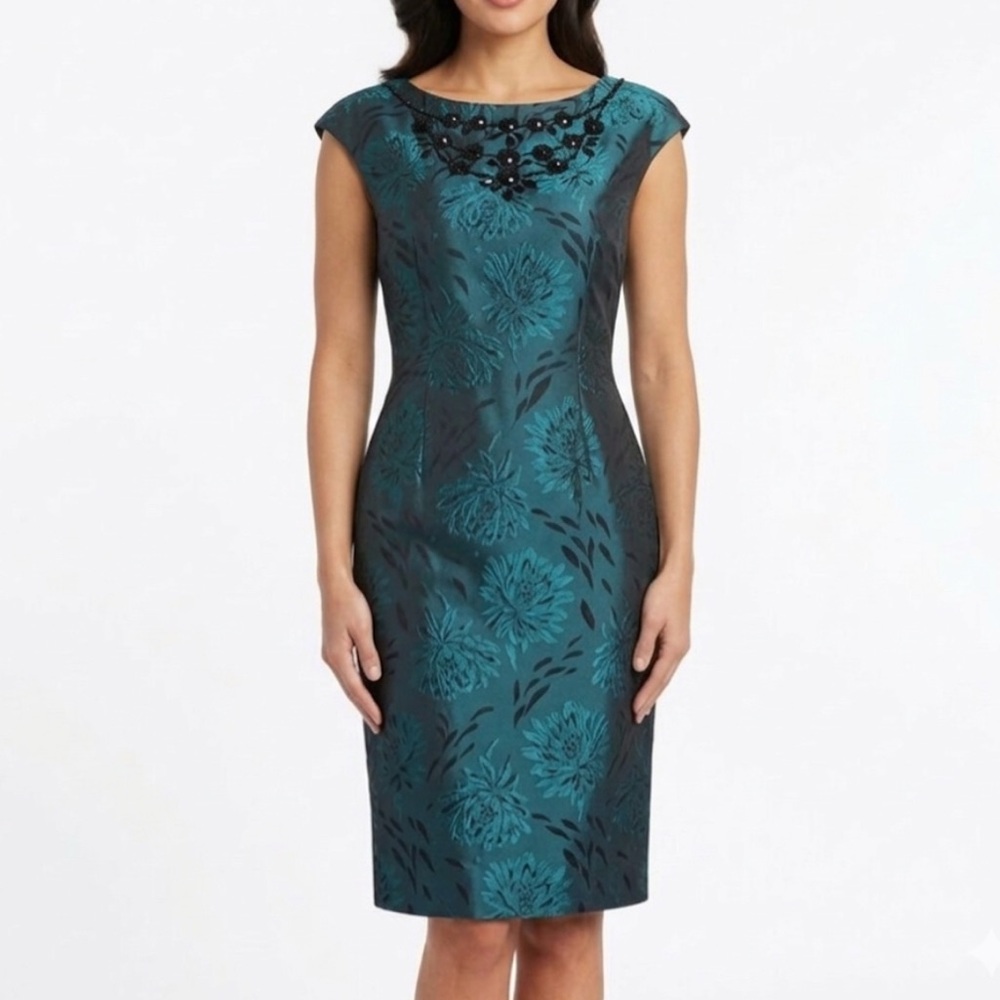Jessica Howard Teal Floral Jacquard Beaded Neck Sheath Dress 6P Retro Old Money